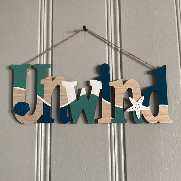 NWT Coastal Wooden UNWIND Decoration Sign w/ Shell 🐚 & Starfish - Picture 5 of 17